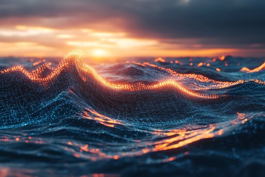 A digital ocean with waves made of fluctuating data lines and financial graphs, symbolizing market volatility and growth