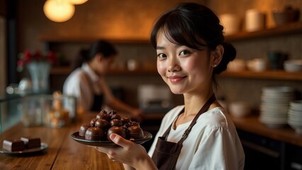 Young Asian woman pastry chef with a praline dessert in the background of a chocolate shop