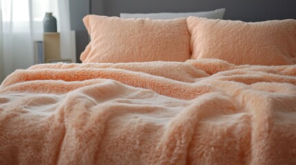 A luxurious bedspread with peach fuzz texture forming a cozy and inviting atmosphere.