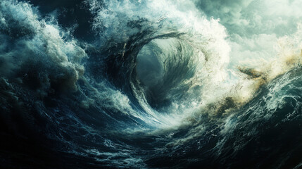 Prompt: A spectacular wave crashes with immense force against the shore, creating a dramatic spray and leaving trails of glistening white foam in its wake