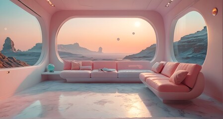 A futuristic space-themed room with a pink couch and large windows showing a view of distant mountains and planets