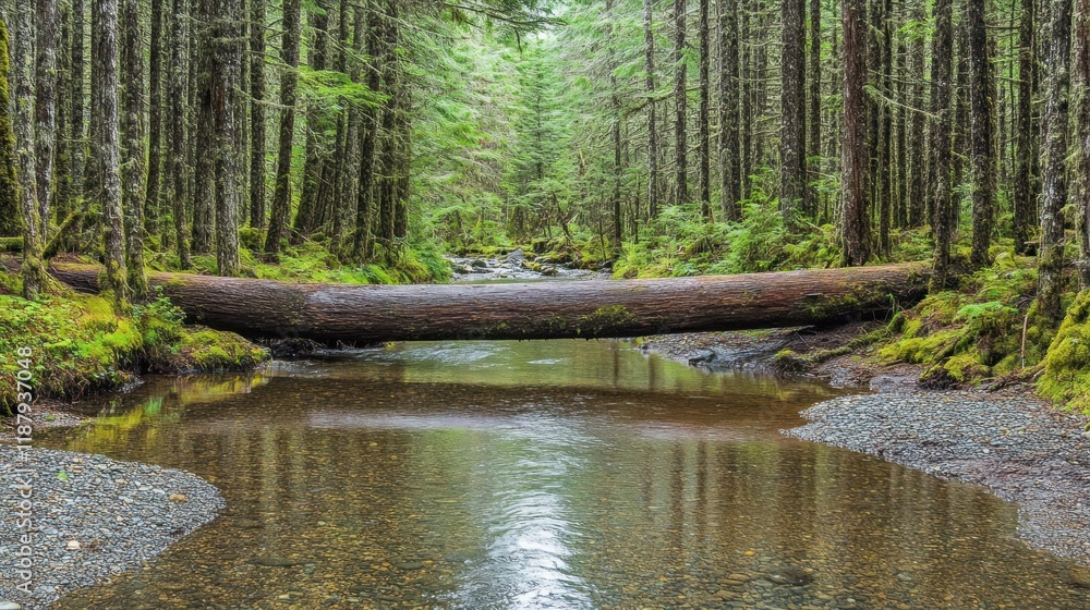 Poster a serene forest scene with a fallen log over a calm stream surrounded by lush greenery.