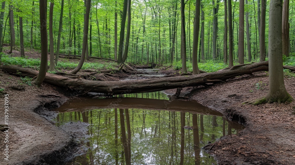 Poster fallen log forms natural bridge over calm forest stream reflecting trees.