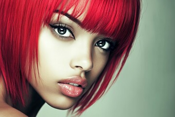 Obraz premium Short haircut - red hair. Commercial ad campaign conceptual art. Lovely calm mixed-race girl - for ads, ad page and social apps use. African american hair. African model styles. Glam look.