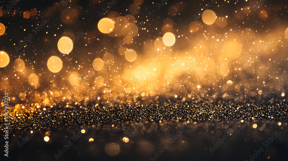 Poster glittering lights creating a grunge background with gold sparkle and defocused abstract twinkling li