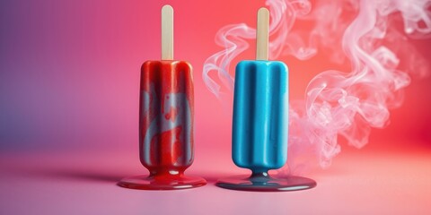 Melted popsicles with smoke, a surreal concept of summer heat and the fading away of summer treats