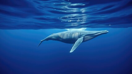 Obraz premium A humpback whale dives below the surface of the ocean, its body slicing through the water with ease as it explores the depths in search of food or shelter., marine life, humpback whale