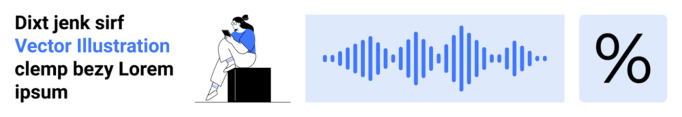 Text block with a person using a phone, audio waveform, and percentage symbol. Ideal for digital content, communication, analytics, multimedia, technology data visualization and marketing. Landing