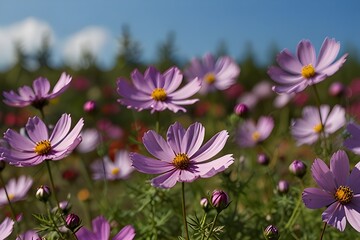 Fototapeta premium Beautiful purple cosmos flowers garden with clear blue sky background Generative AI
