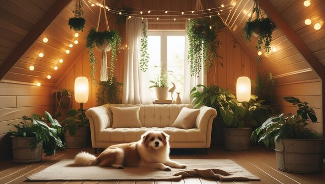 A serene and inviting attic interior bathed