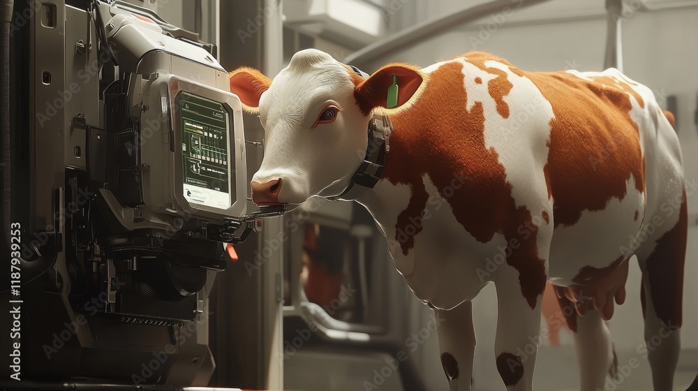 Poster a cow interacting with a high-tech device in a modern farming setting.