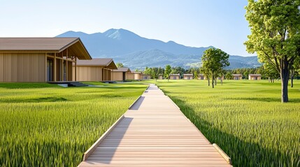 Fototapeta premium Serene Landscape with Wooden Pathway Leading to Modern Cabins Surrounded by Lush Green Fields and Mountains