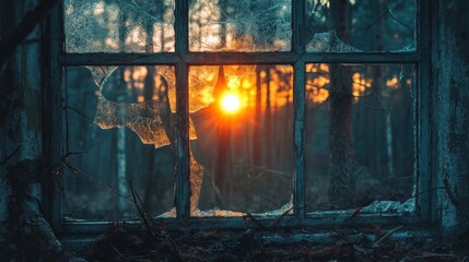 Fototapeta premium sunset in forest through broken window, Fairytale landscape, 16:9