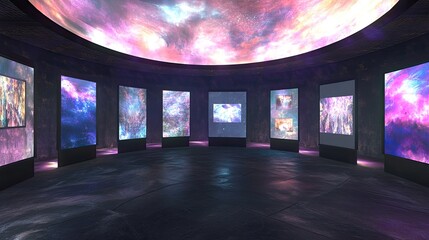 Circular gallery showcasing cosmic art under a nebula ceiling; futuristic interior design for digital art exhibition