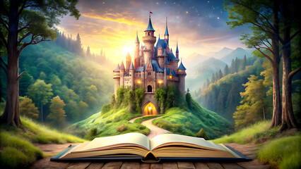 Magic castle in the forest with magic book. Fairy tale concept. Created with Generative AI