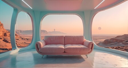 A futuristic space-themed room with a pink couch and large windows showing a view of distant mountains and planets