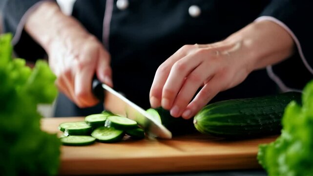 A chef slicing fresh cucumber on a cutting board, the hands and the knife.