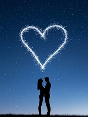 Obraz premium A silhouette of a couple embracing under a starlit sky, framed by a large glowing heart drawn in sparklers