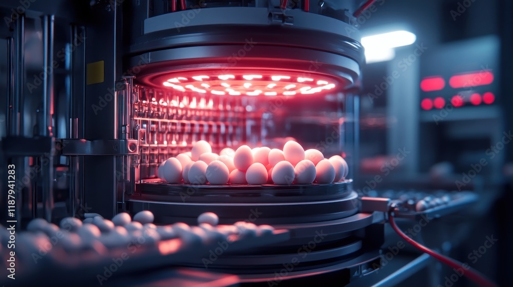 Aufkleber a close-up of an industrial egg processing machine with illuminated features.