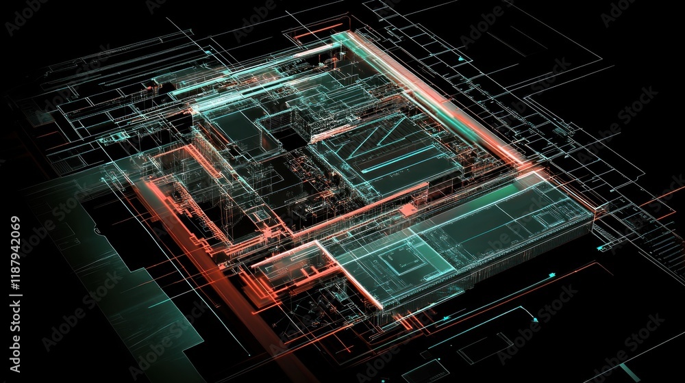 Aufkleber abstract digital blueprint of a building, showcasing complex interconnected systems with glowing lin