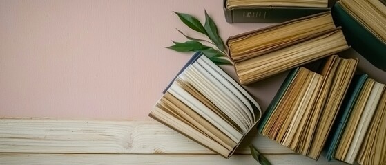 Naklejka premium Stack of Vintage Books Wooden Table Pink Background Reading Education Literature