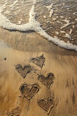 Romantic beach setting with hearts etched on wet sand by gentle waves