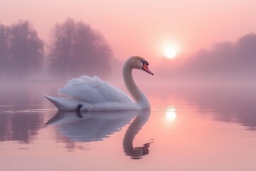 Obraz premium Swan glides gracefully on still water as the sun rises behind a misty landscape