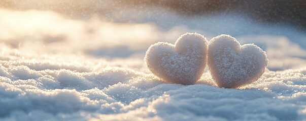 Two frosty hearts on snow, symbolizing pure love on Valentine's Day