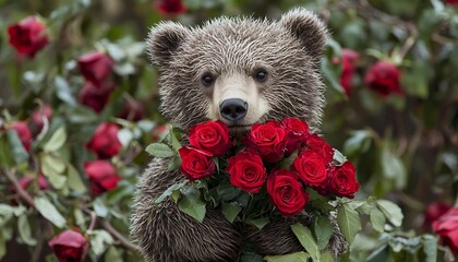 Teddy bear holding red roses, symbolizing Valentine's Day love