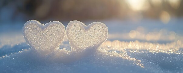Sparkling frost-covered hearts placed delicately on fresh snow