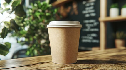 Blank coffee cup on wooden table with leaf