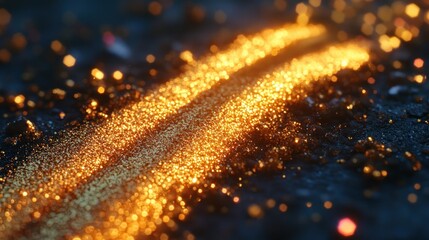 Golden trail of glitter on dark textured surface with bokeh background.
