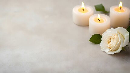 Three lit candles and white rose on textured background, sympathy card design