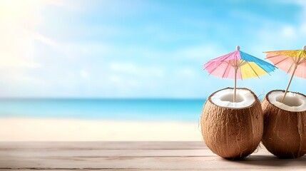 Tropical Coconut Drinks on Beach Table, Sunny Ocean Background, Summer Vacation Ad