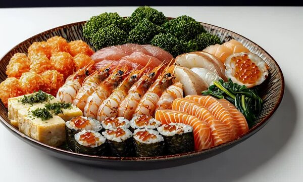 Luxurious Seafood Platter with Sushi, Sashimi, and Tempura Shrimp