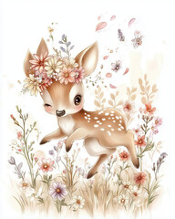 graceful little deer joyfully running through field of flowers, adorned with floral crown. scene captures whimsical and cheerful atmosphere
