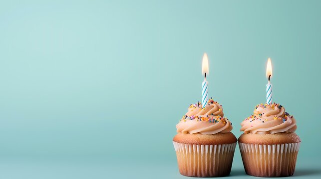 Two frosted cupcakes with lit candles on a teal background, perfect for birthday celebrations or invitations