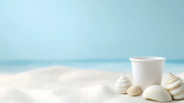 White cup on beach sand with seashells; ocean background; summer vacation promotion