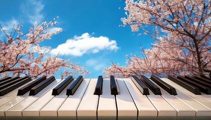 春の桜とピアノ鍵盤：ピアノ教室：MUSIC
