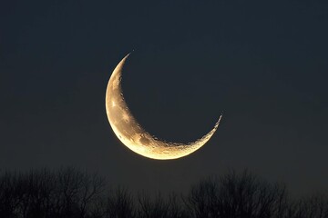 Crescent moon illuminates the night sky over dark silhouettes of trees