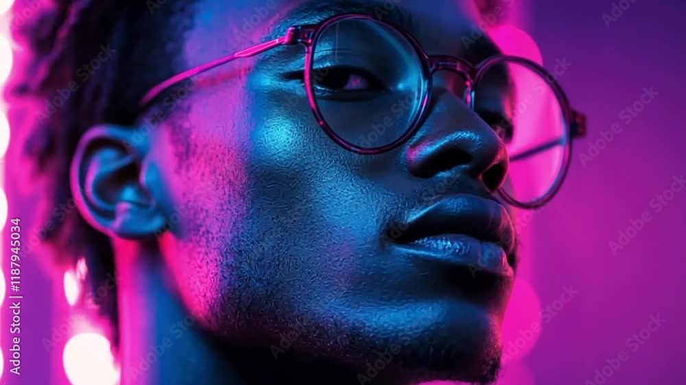 Wall mural this image features a person with unique style and glasses illuminated by vibrant lights. it capture