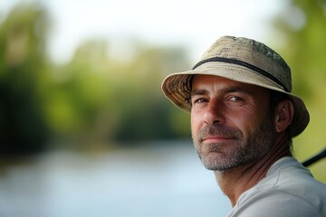Fisherman enjoying a peaceful day by the river amidst lush greenery and calm waters
