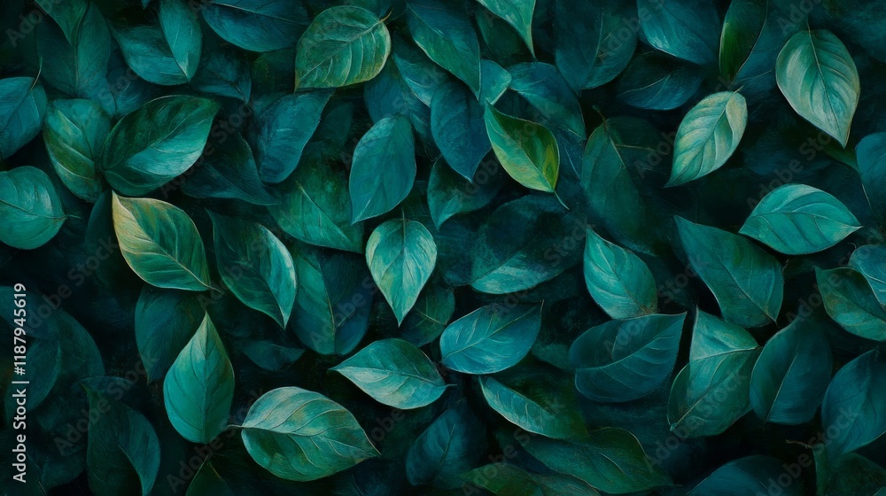 Poster lush green leaves pattern with overlapping botanical design