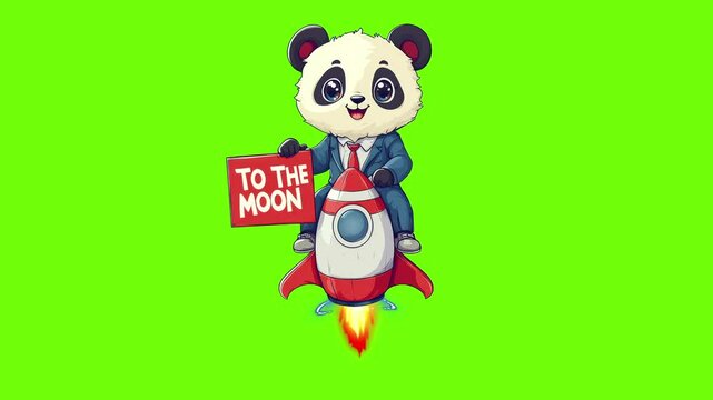 Adorable Panda Rides a Rocket Holding 'To the Moon' Poster | Green Screen Animation