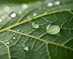 Macro closeup of fresh green leaf foliage with water drops, showcasing nature's intricate texture and abstract pattern
