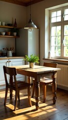 Fototapeta premium Empty kitchen table, rustic wooden chairs, sunlight streams in, empty, breakfast