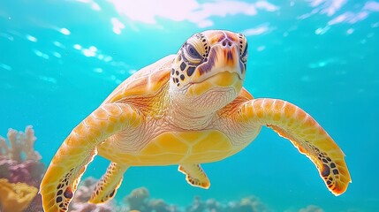 Obraz premium Graceful Sea Turtle Swimming in Clear Blue Ocean Depths with Coral Reef Below and Sunlight Above