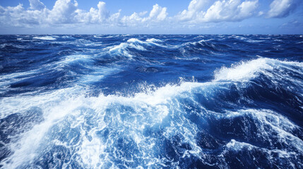 Prompt: High-resolution bird-eye shot of ocean waves, showing white foam splashing against rich blue waters. A tranquil yet powerful depiction of the sea.