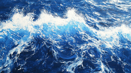 Obraz premium Prompt: High-resolution bird-eye shot of ocean waves, showing white foam splashing against rich blue waters. A tranquil yet powerful depiction of the sea.