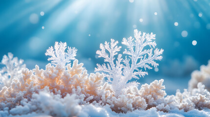 A crisp winter scene featuring intricate snowflakes and sparkling ice crystals background 